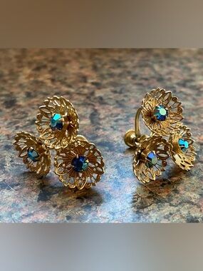 Vintage Gold Filigree Screw back Earrings with Blue-Green Aurora Borealis Gems